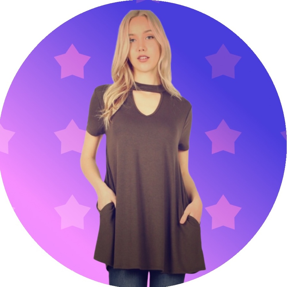 Olive green choker-neck tunic shirt (with pockets!!)